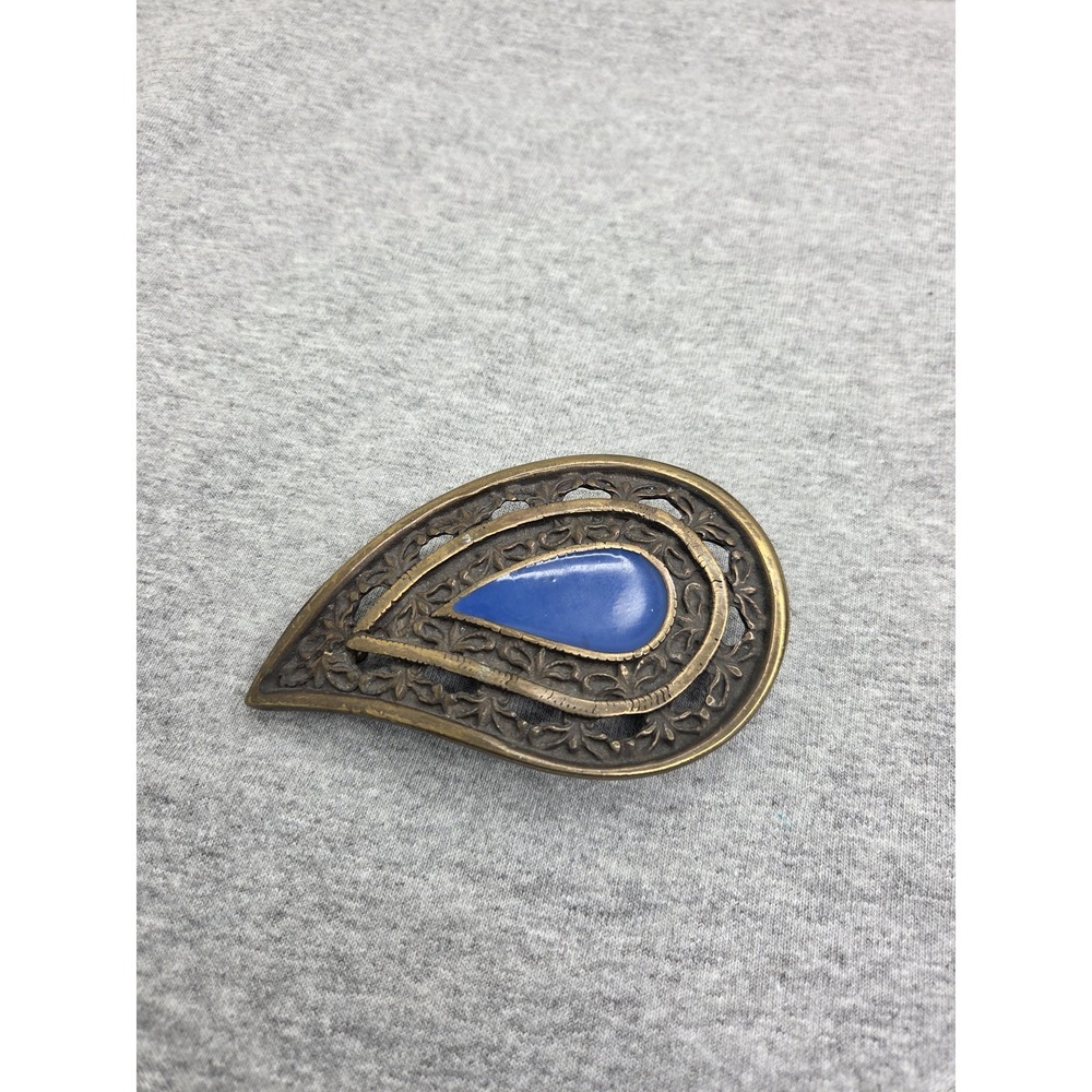 Womens Vintage 1970s Paisley Boho Art Nouveau Blue Solid Brass Belt Buckle Large